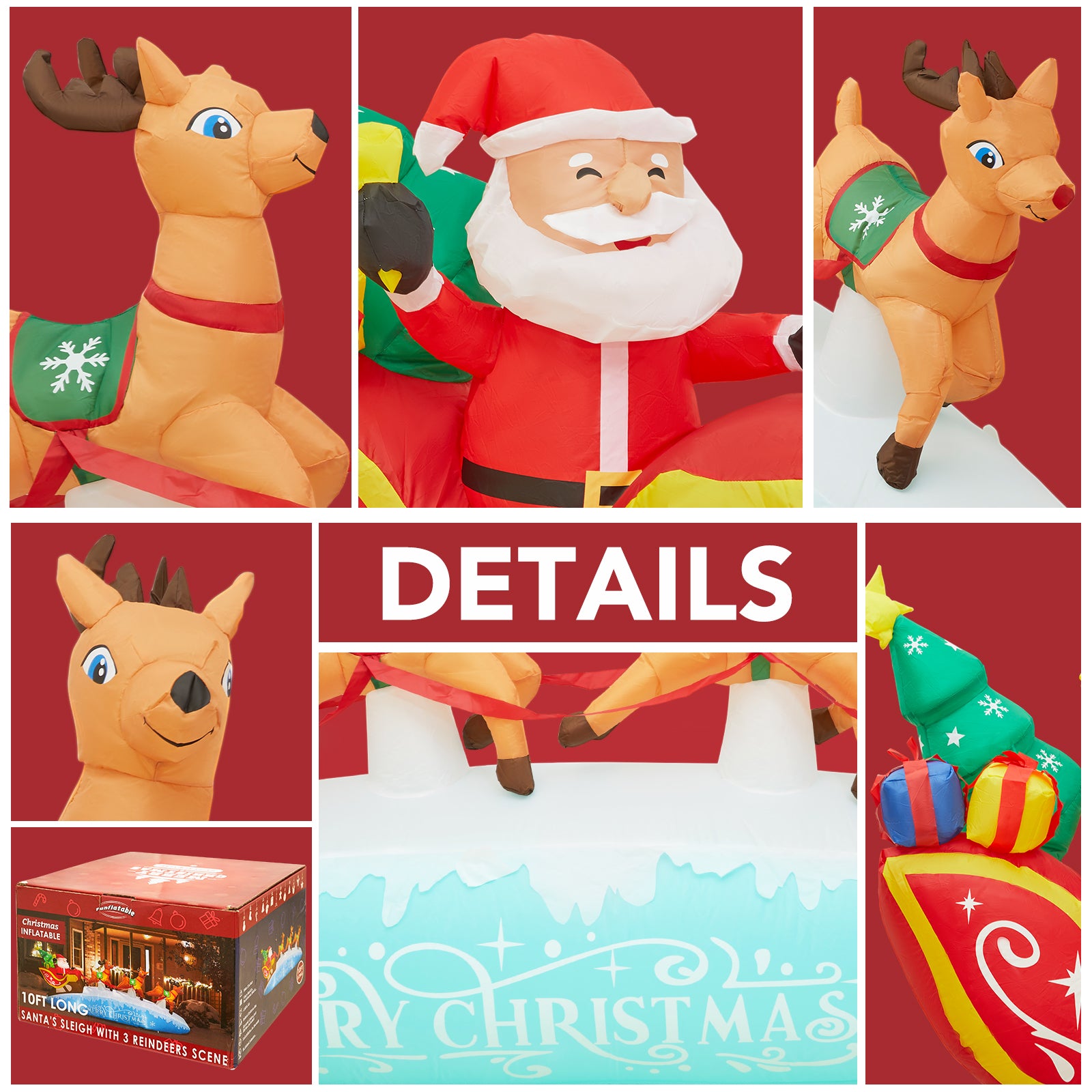 Funflatable 10 FT Santa Sleigh with Reindeer Christmas Inflatables Outdoor Decorations, Christmas Blow Up Yard Decorations for Garden Lawn Xmas Decor