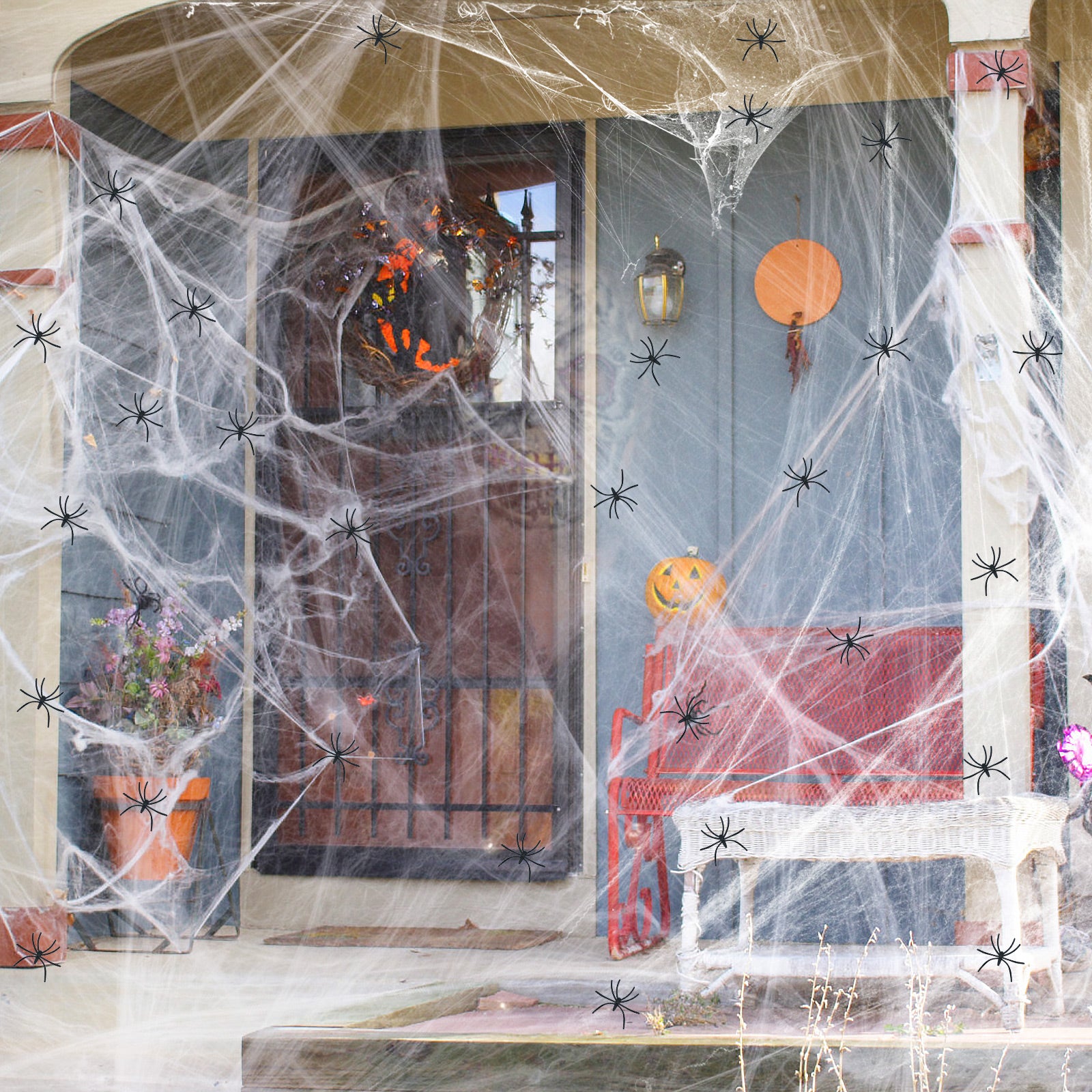 1000 sqft Spider Webs Halloween Decorations Bonus with 77 Fake Spiders, Super Stretch Cobwebs for Halloween Indoor and Outdoor Party Supplies