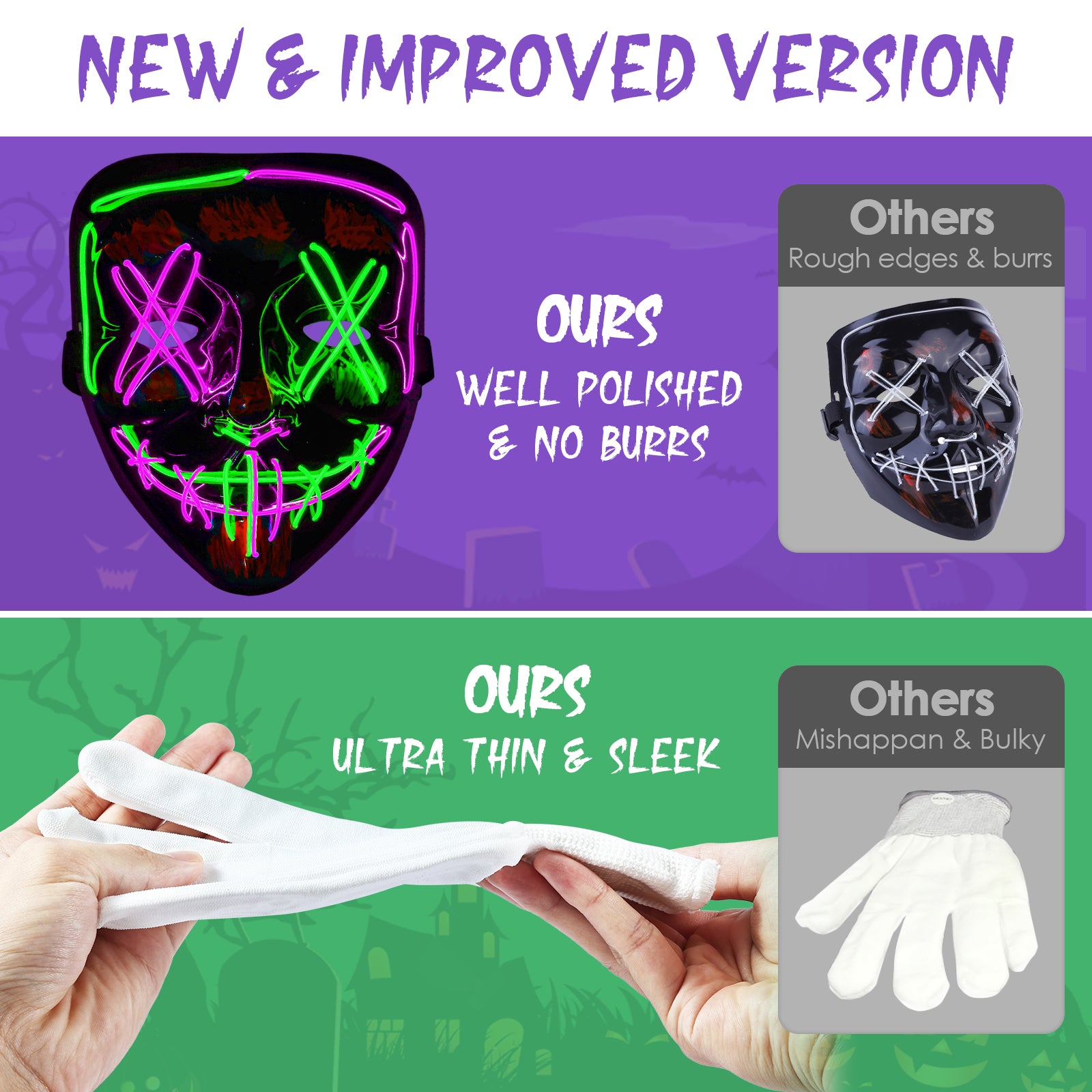 Halloween LED Mask & Glove - Purple & Green