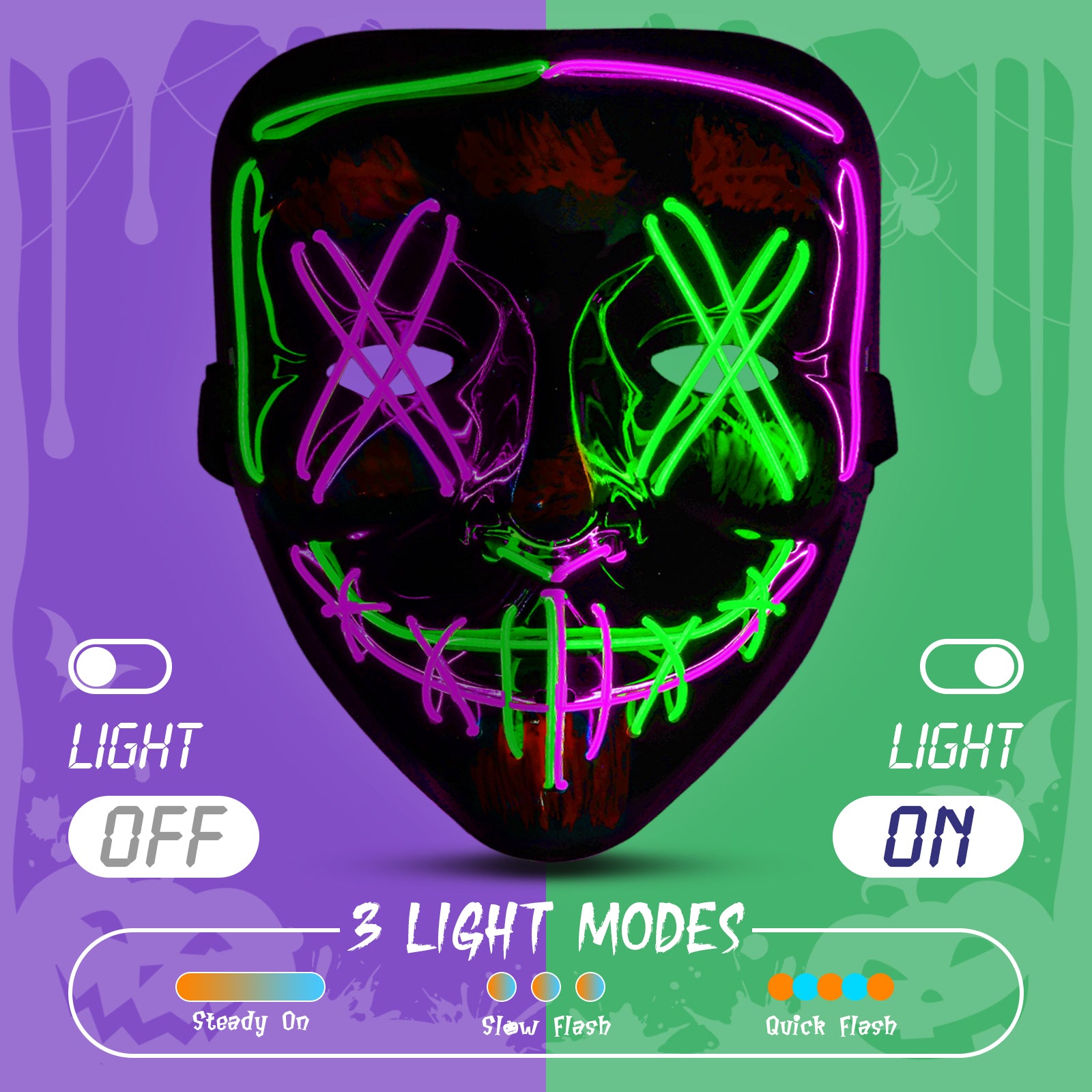 Halloween LED Mask & Glove - Purple & Green