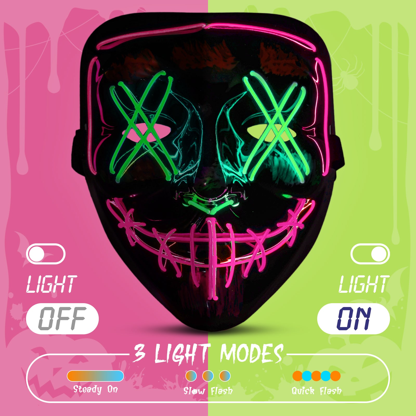 Halloween LED Mask & Glove - Neon Green & Pink