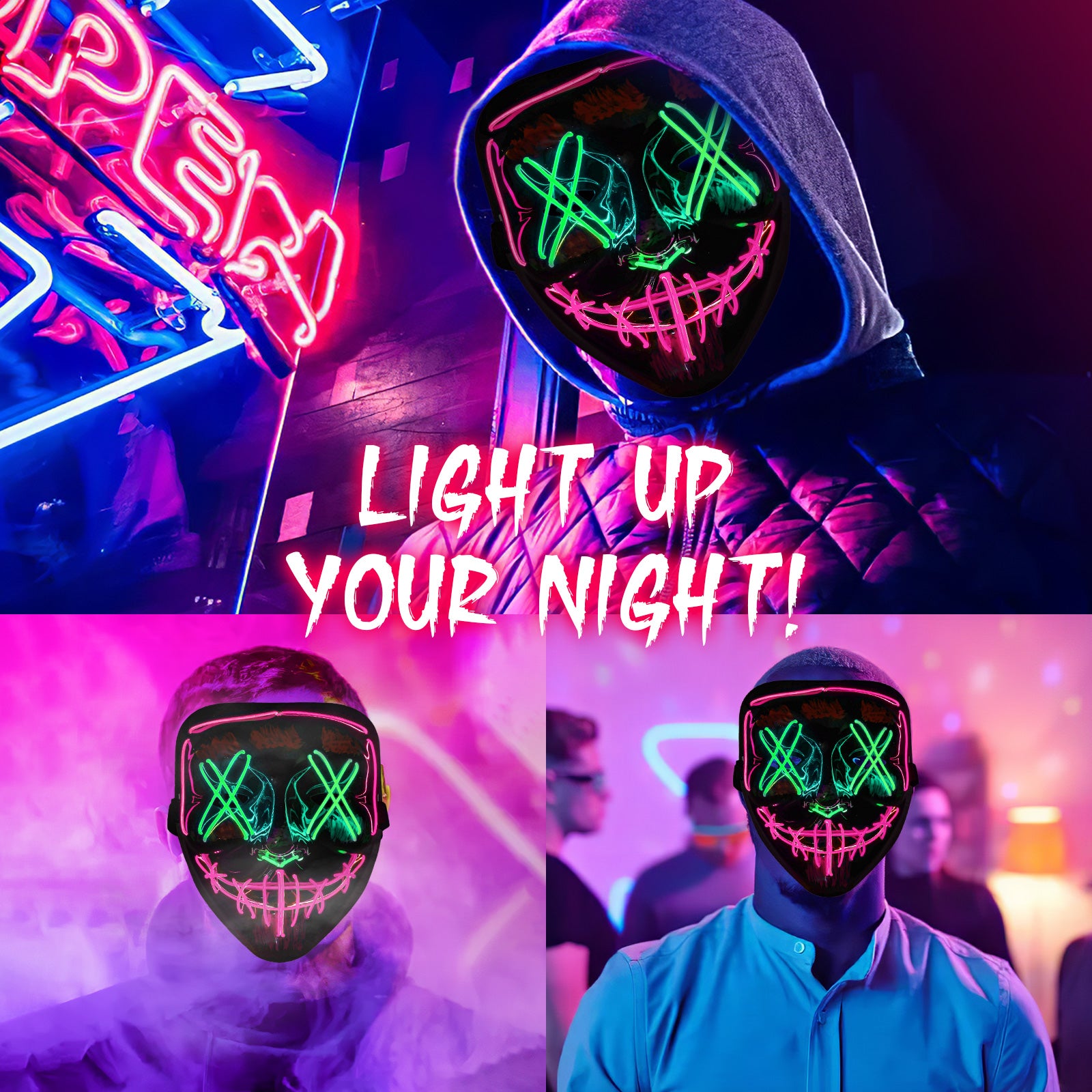 Halloween LED Mask & Glove - Neon Green & Pink