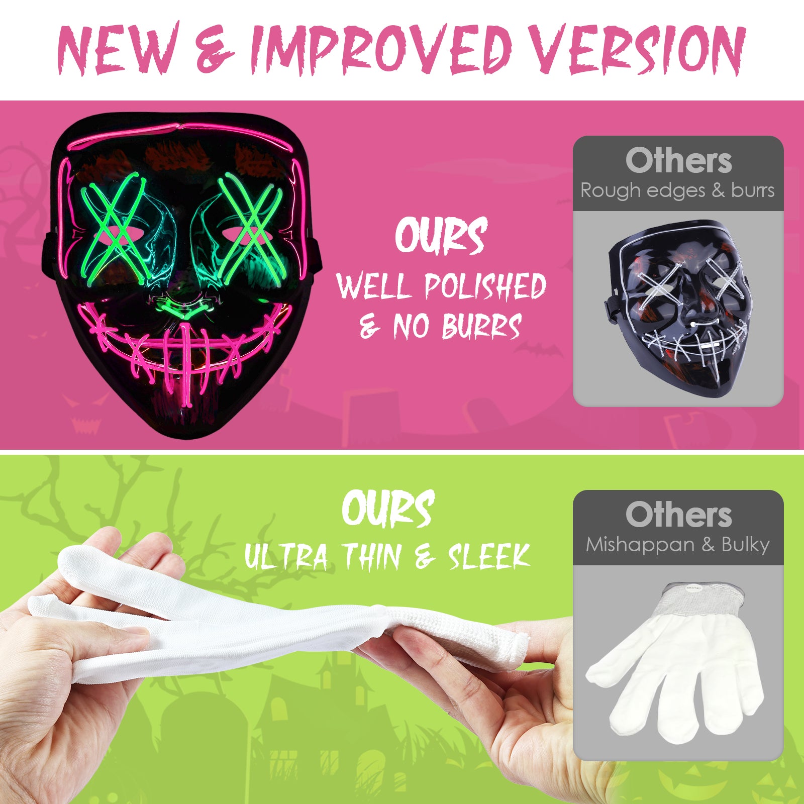 Halloween LED Mask & Glove - Neon Green & Pink