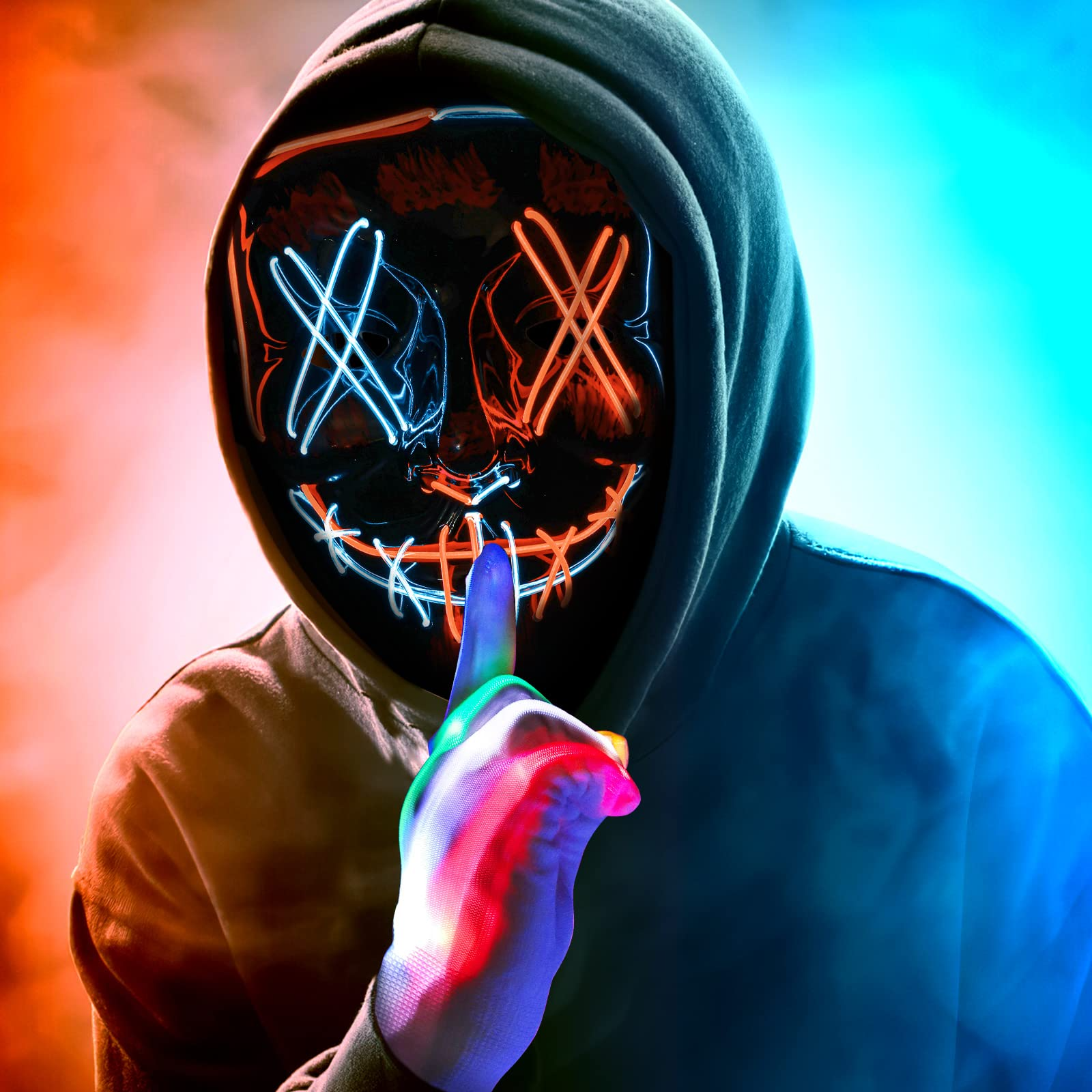 Halloween Purge Mask, Scary Light up Mask and LED Gloves Set for Halloween Costumes - Multi Ice Blue+orange