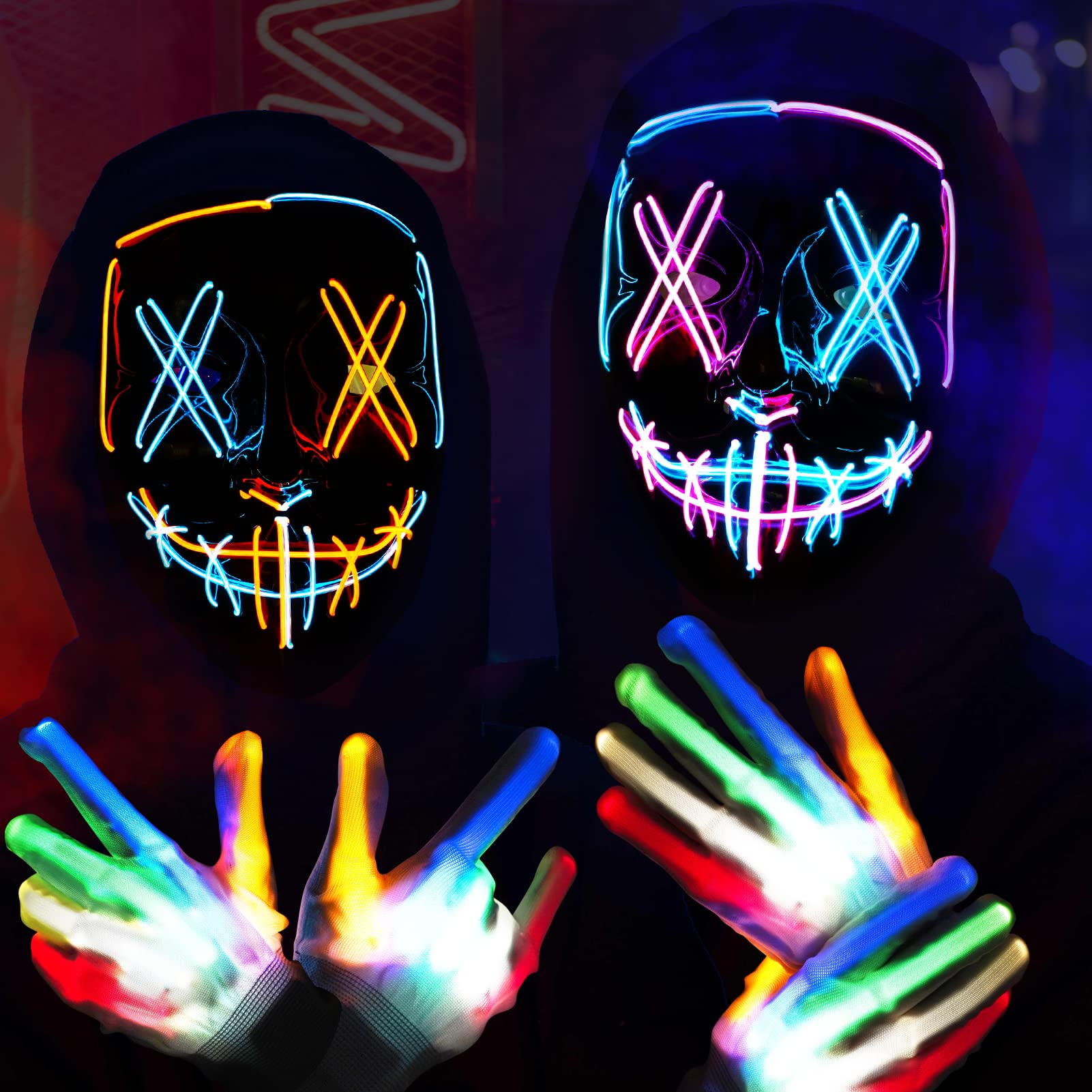 2 Pack Halloween Purge Masks, Scary Light up Masks and 2 Pairs LED Gloves for Halloween Couple Costumes - Pink/Ice Blue+ice Blue/Orange