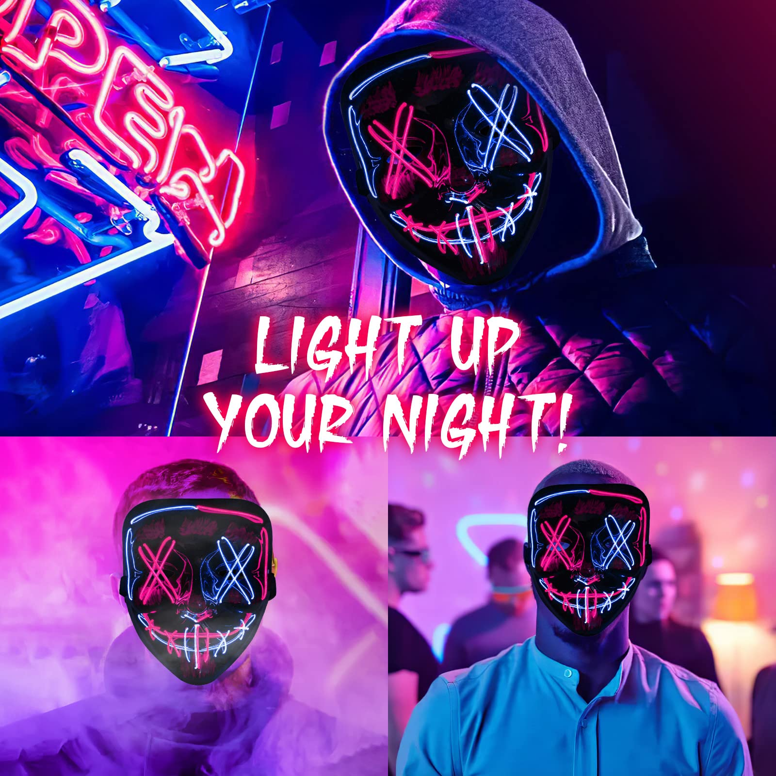 Halloween Purge Mask, Scary Light up Mask and LED Gloves Set for Halloween Costumes - Multi Pink+ice Blue