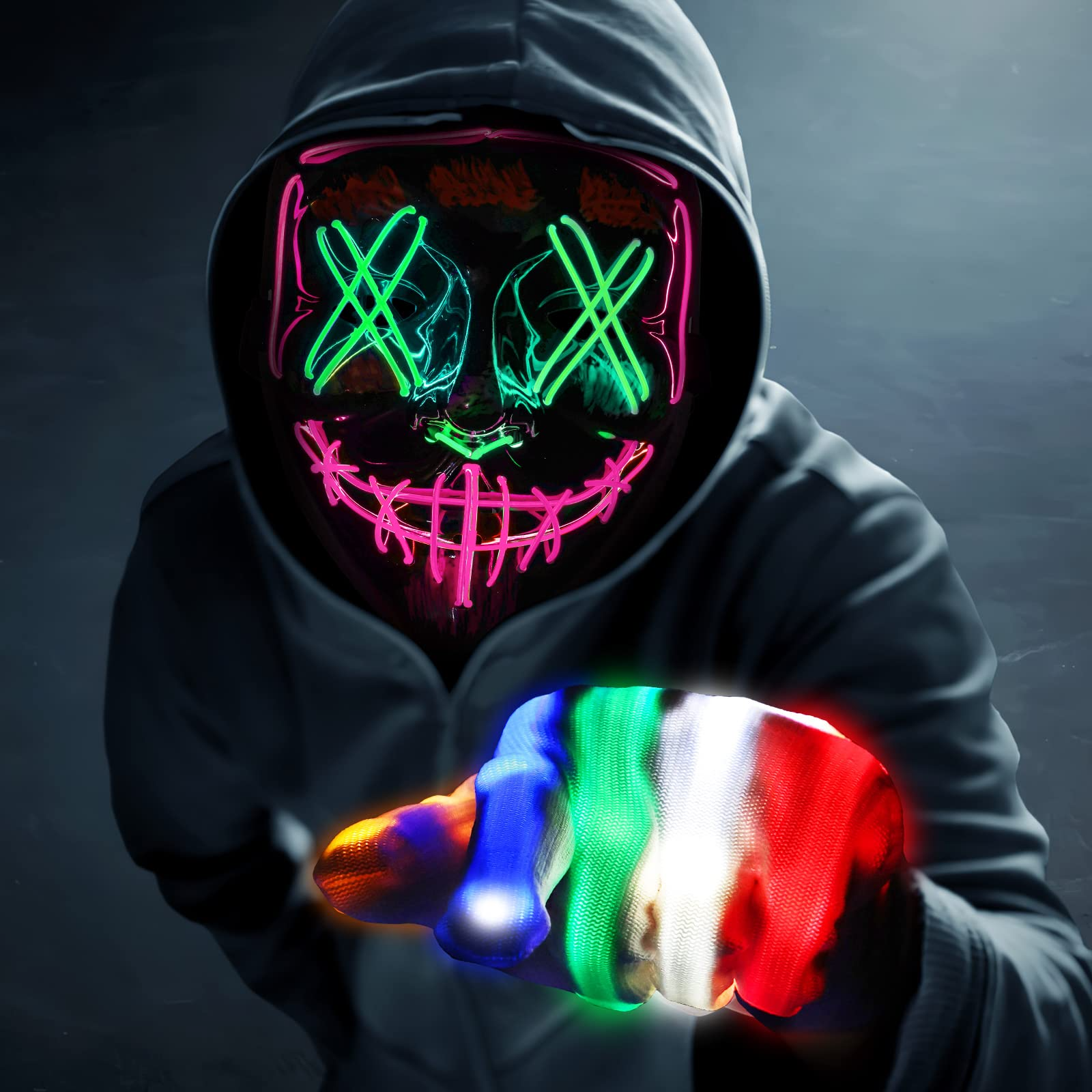 Halloween Purge Mask, Scary Light up Mask and LED Gloves Set for Halloween Costumes - Multi Pink+neon Green