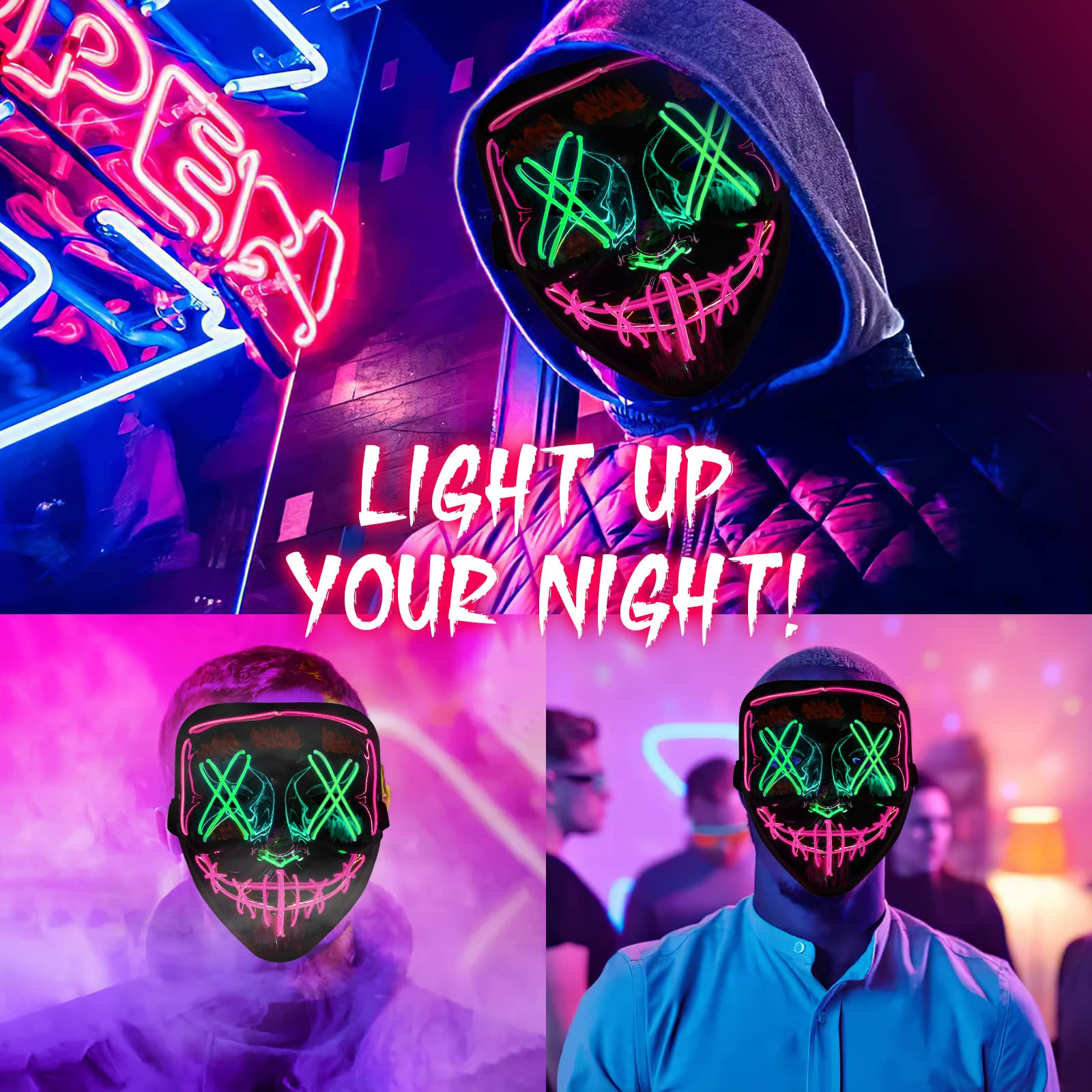 Halloween Purge Mask, Scary Light up Mask and LED Gloves Set for Halloween Costumes - Multi Pink+neon Green