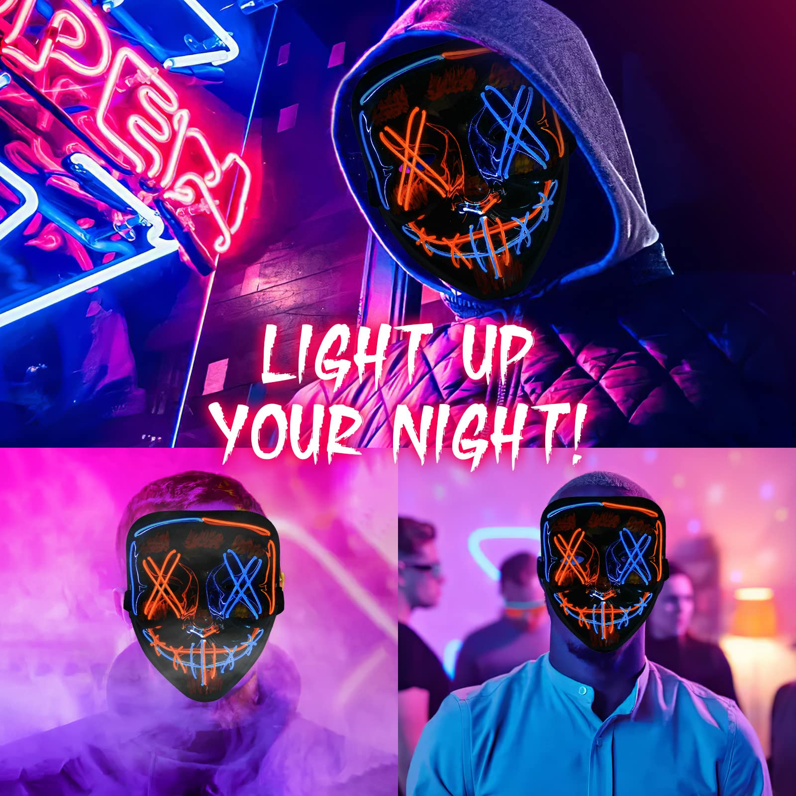 Halloween Purge Mask, Scary Light up Mask and LED Gloves Set for Halloween Costumes - Multi Red+blue