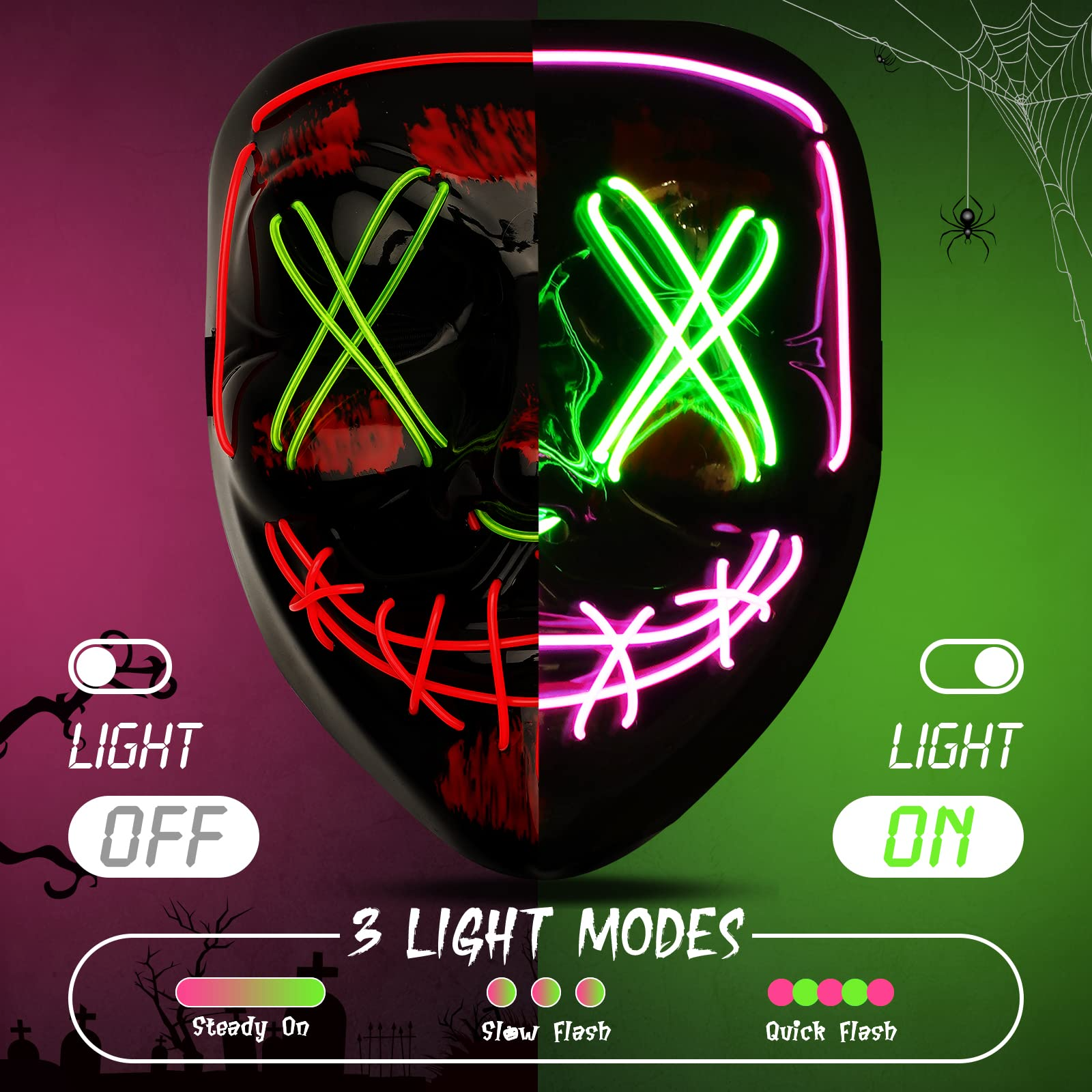 Halloween Purge Mask, Scary Light up Mask and LED Gloves Set for Halloween Costumes - Multi Pink+neon Green