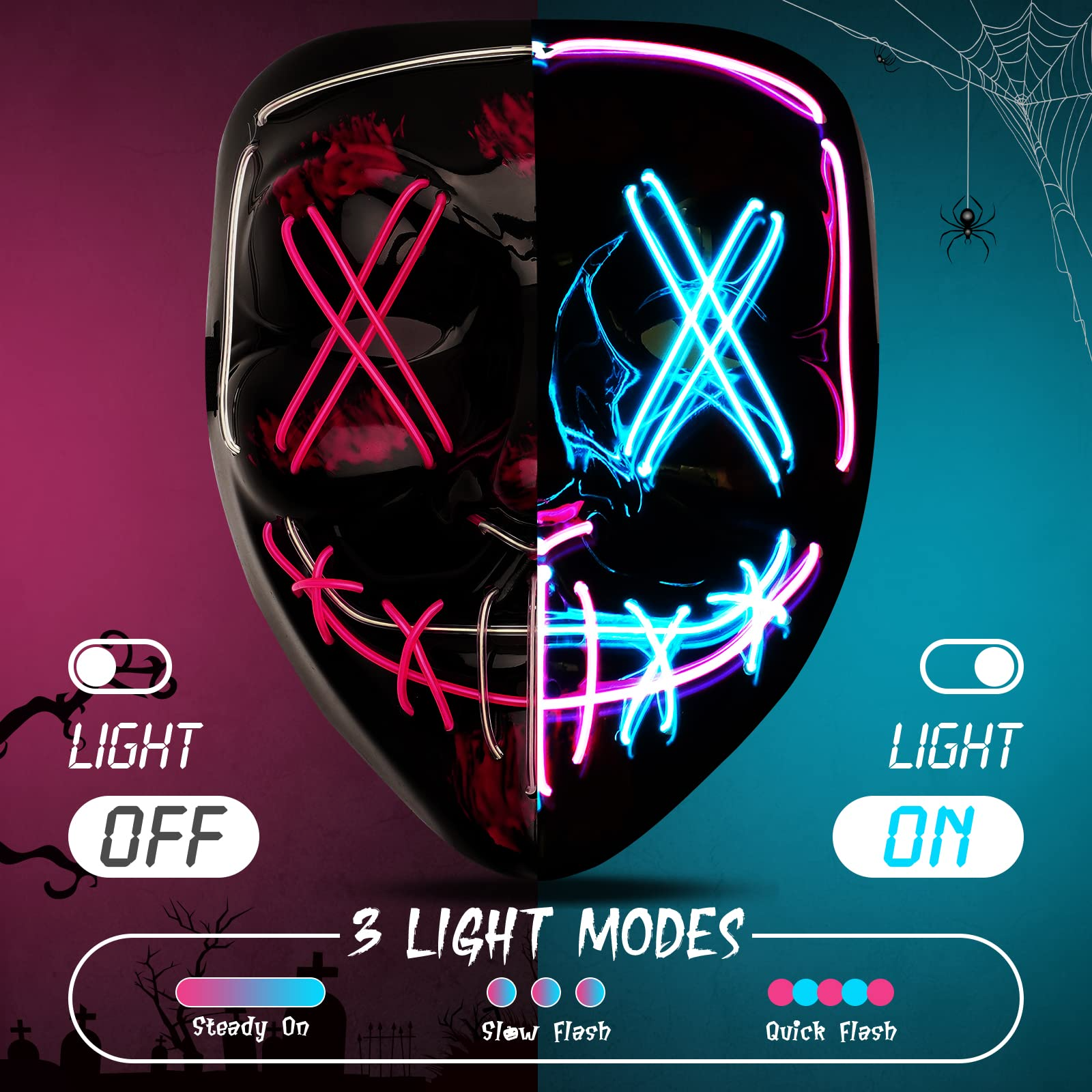 Halloween Purge Mask, Scary Light up Mask and LED Gloves Set for Halloween Costumes - Multi Pink+ice Blue