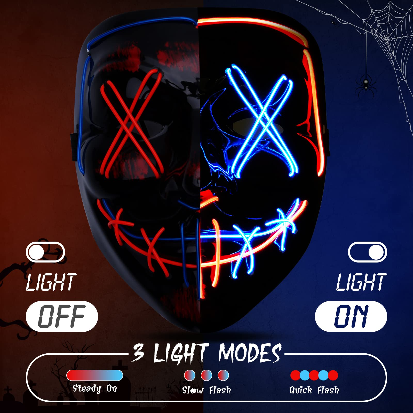 Halloween Purge Mask, Scary Light up Mask and LED Gloves Set for Halloween Costumes - Multi Red+blue