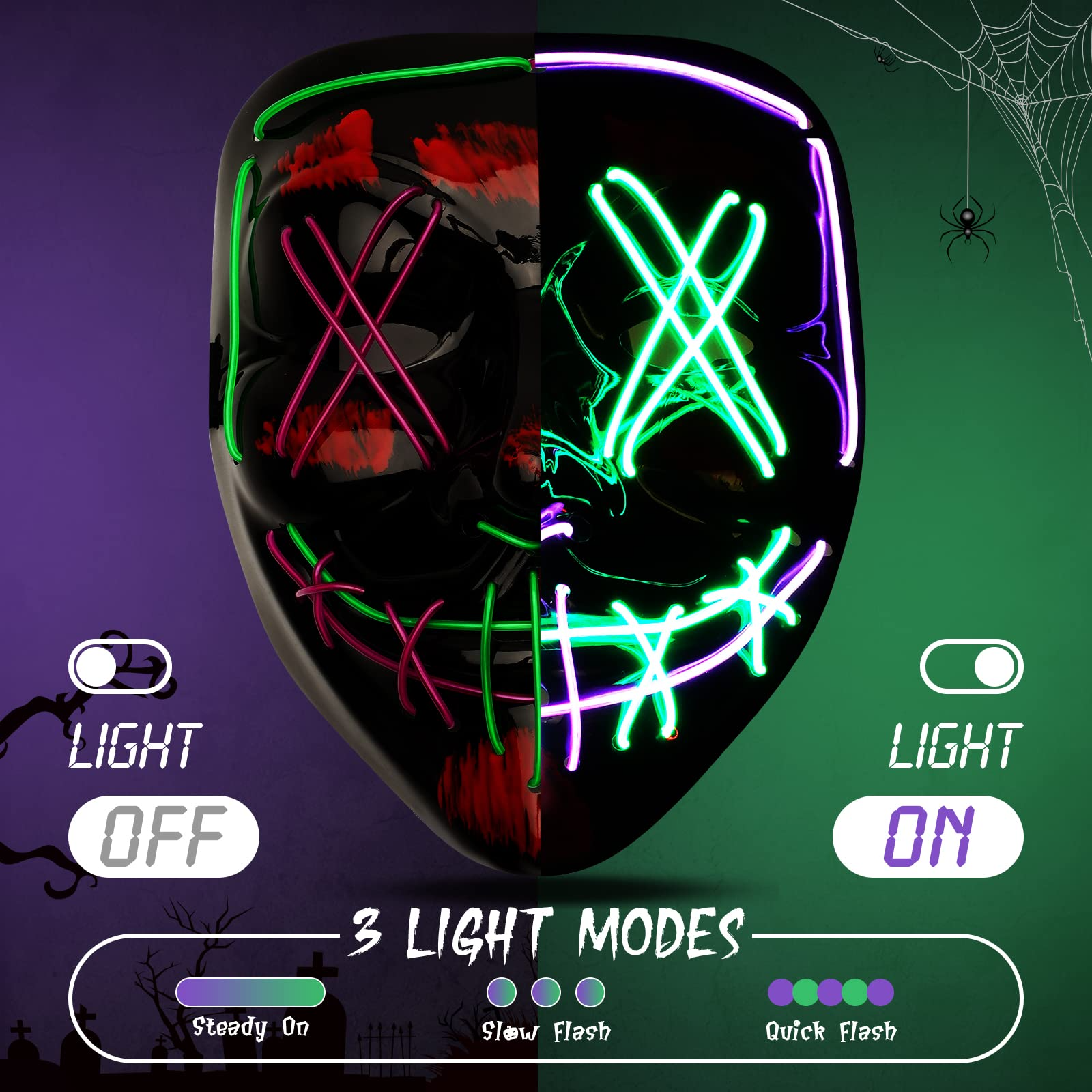 Halloween Purge Mask, Scary Light up Mask and LED Gloves Set for Halloween Costumes - Multi Purple+green