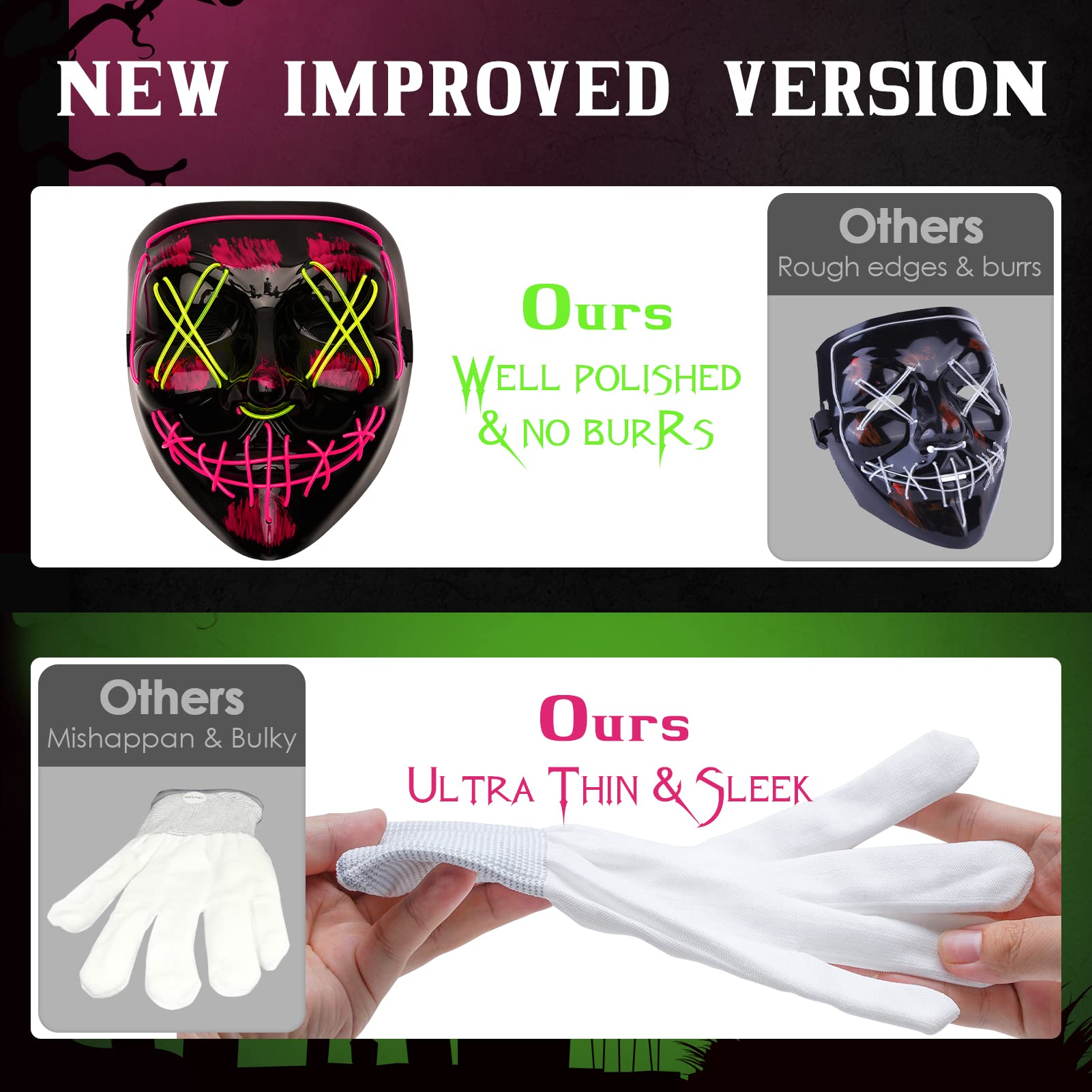 Halloween Purge Mask, Scary Light up Mask and LED Gloves Set for Halloween Costumes - Multi Pink+neon Green