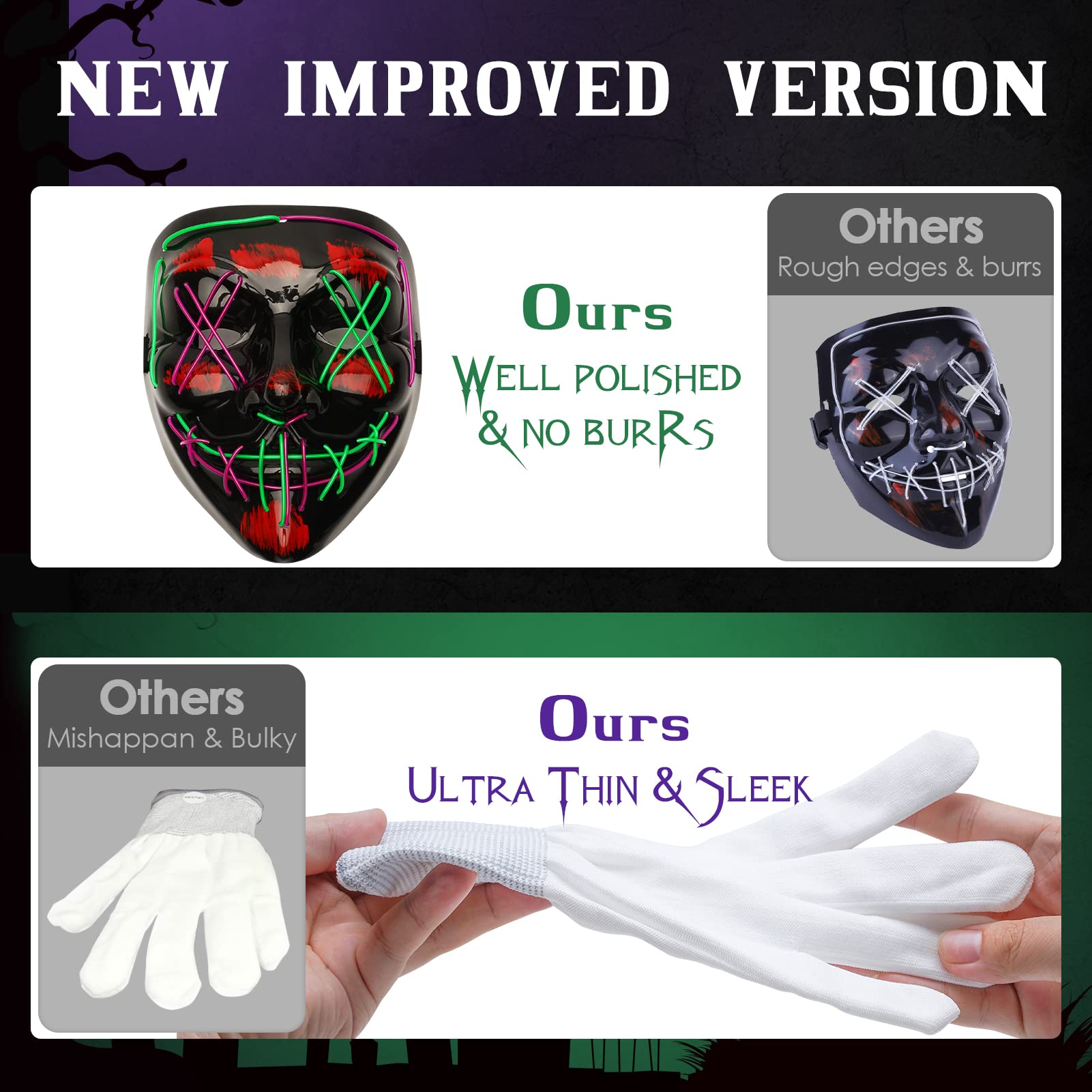 Halloween Purge Mask, Scary Light up Mask and LED Gloves Set for Halloween Costumes - Multi Purple+green