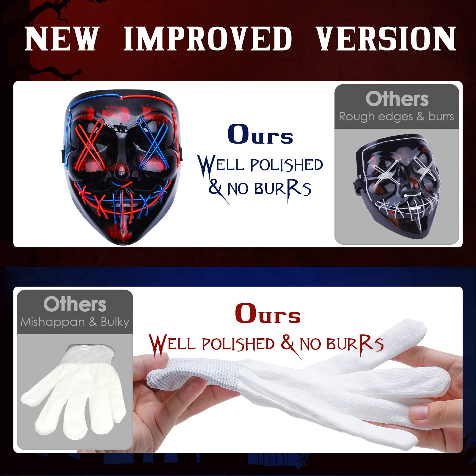 Halloween Purge Mask, Scary Light up Mask and LED Gloves Set for Halloween Costumes - Multi Red+blue