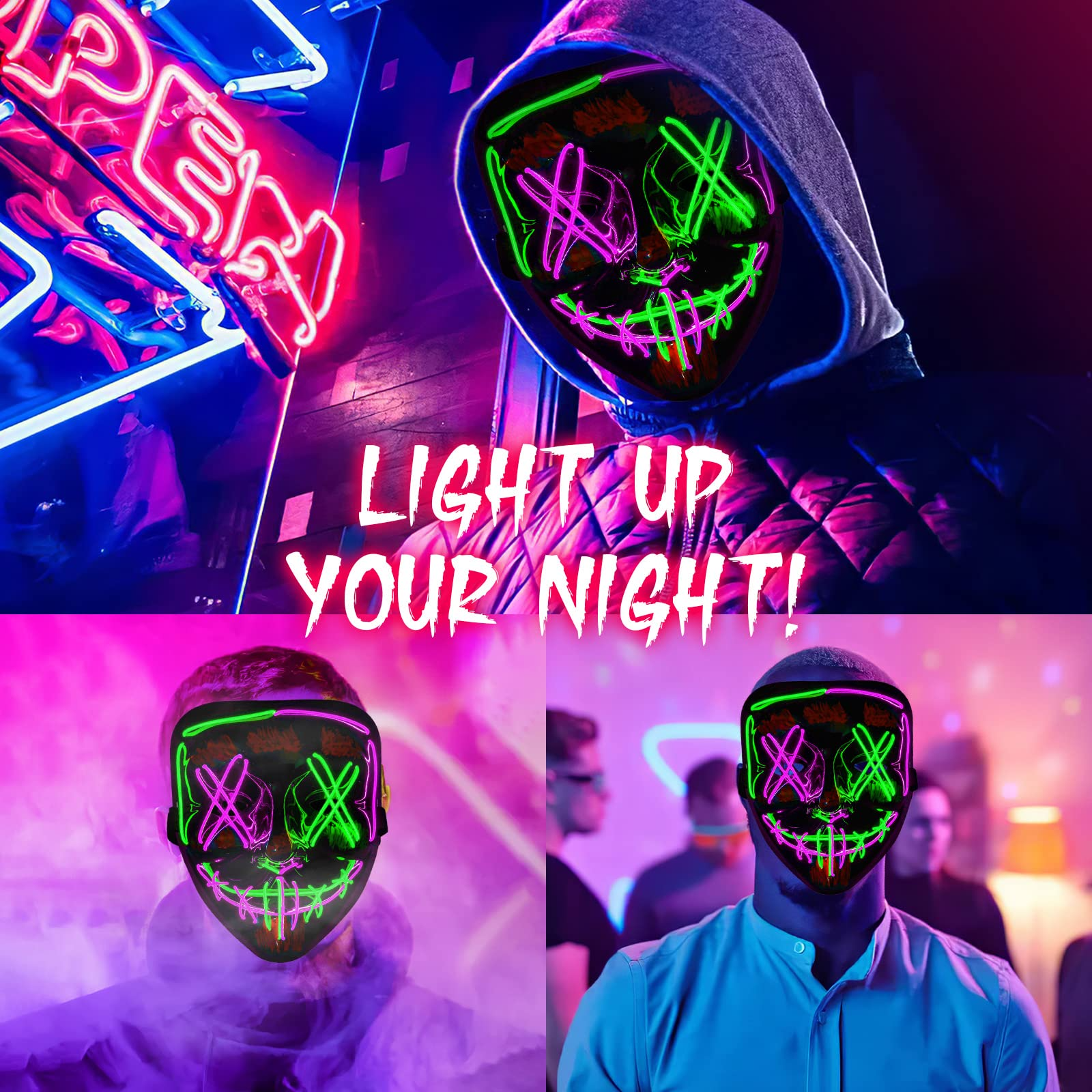 Halloween Purge Mask, Scary Light up Mask and LED Gloves Set for Halloween Costumes - Multi Purple+green