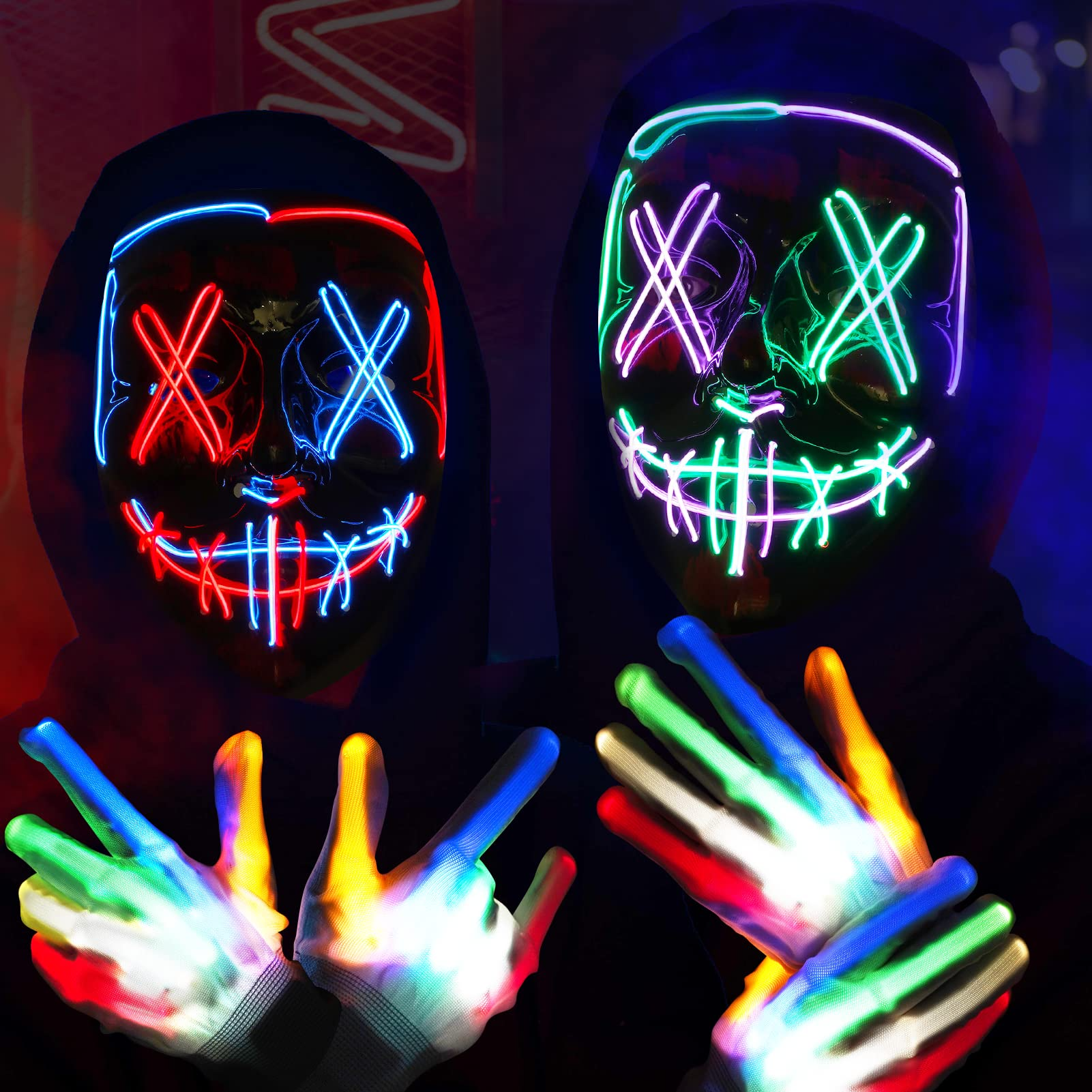 Halloween Purge Mask, Scary Light up Mask and LED Gloves Set for Halloween Costumes - Multi Purple+green